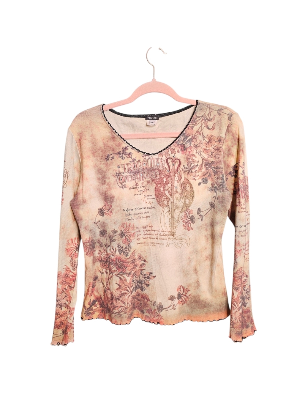 Y2K Vintage 90s YUKIKO Opera House Lettuce Ruffle Hem Long Sleeve Top sz S Women